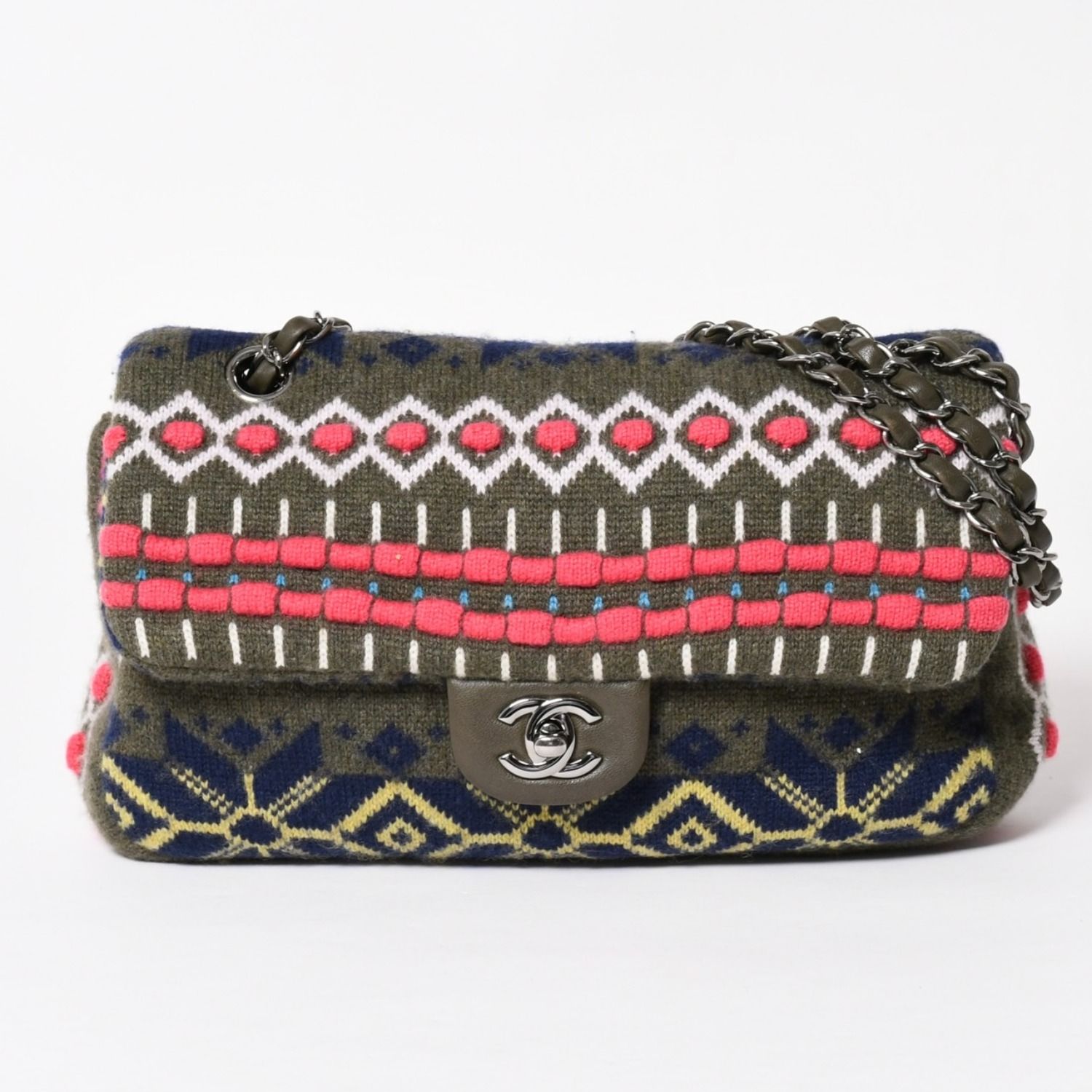 極美品 CHANEL シャネル Shoulder Bag ショルダーバッグ ココマーク ノルディック柄 Wチェーン 21番台 シルバー金具 グリーン 中古 4a003837