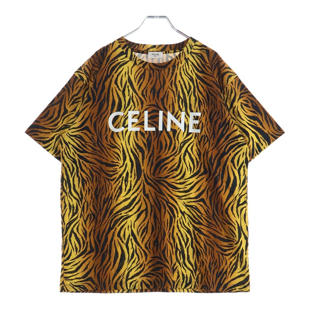 CELINE (セリーヌ) タイガー総柄 ロゴプリント 半袖クルーネックTシャツ ブラウン