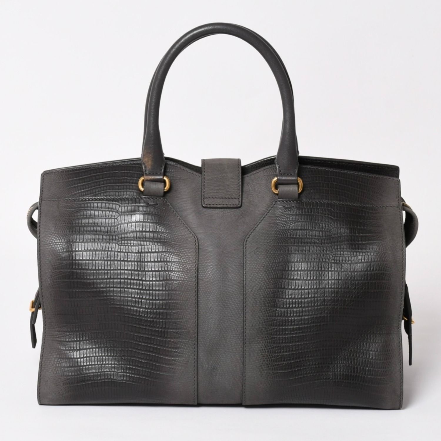 YVES SAINT LAURENT イヴ サンローラン カバスシック リザード 型押し ハンドバッグ グレー ゴールド金具 美品 中古 4a003682