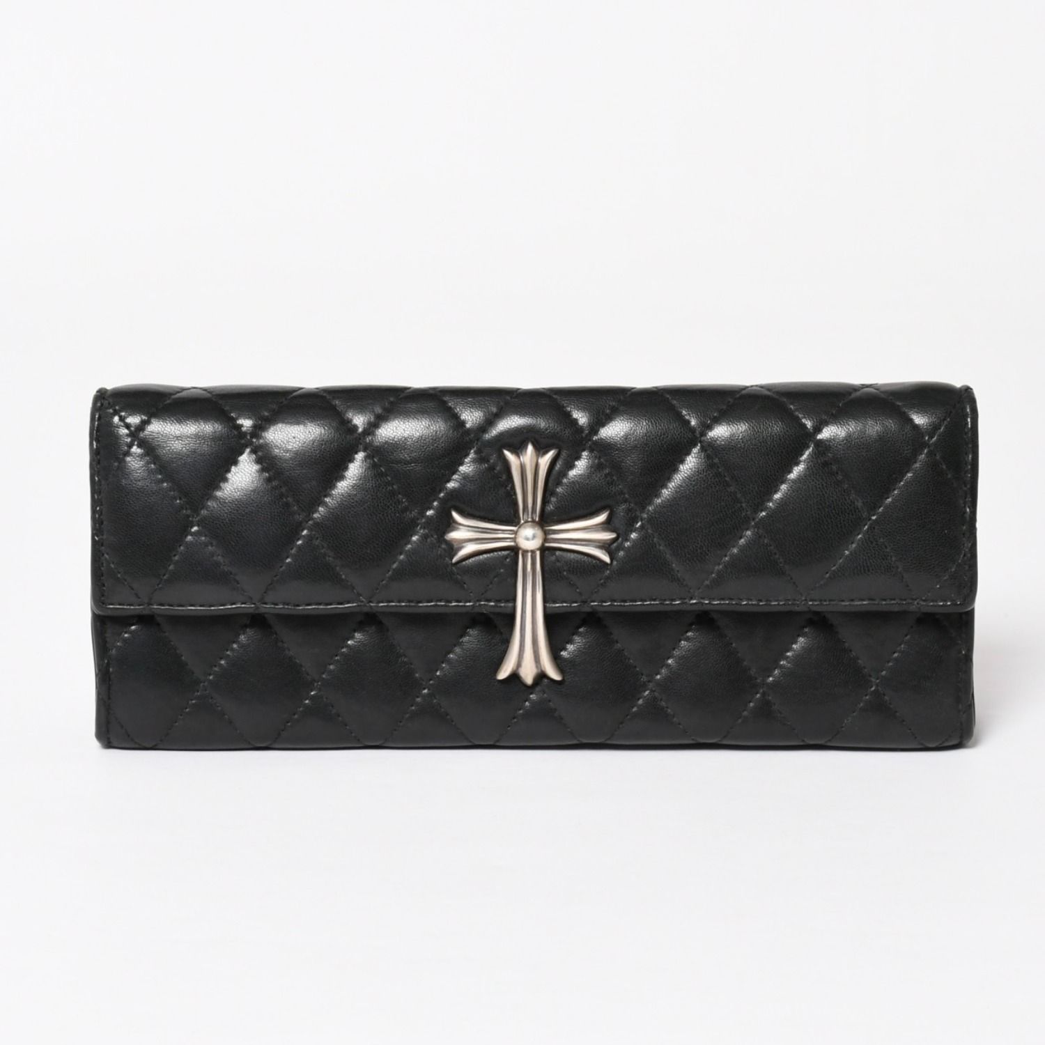 極美品 CHROME HEARTS クロムハーツ ディナーバッグ クラッチバッグ ラージクロス マトラッセ ラムスキン ブラック 中古 4a004080