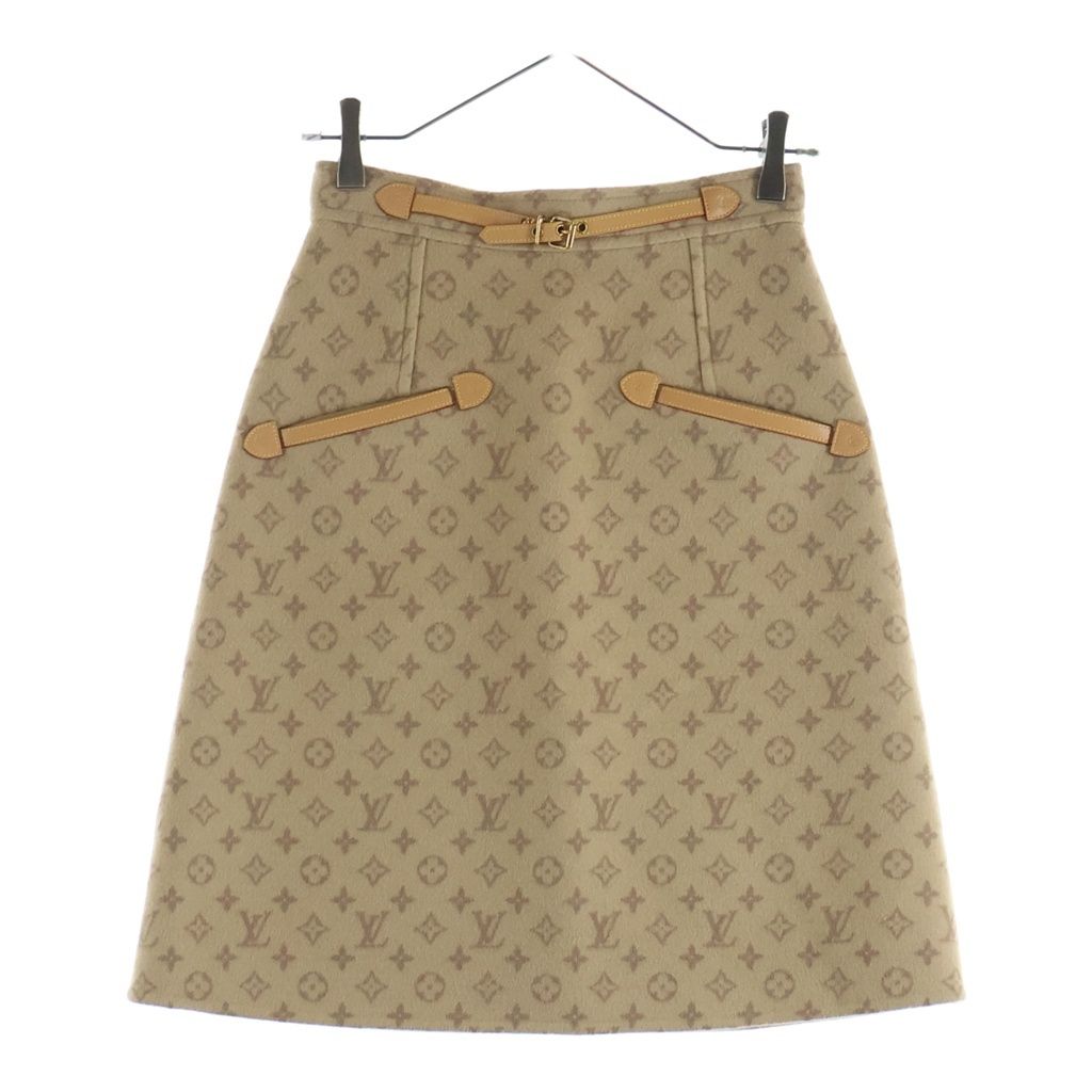 LOUIS VUITTON (ルイヴィトン) モノグラム総柄 シルク混 メルトンウール Aライン ミディアム スカート ベージュ RW222W QS3 FNSK32