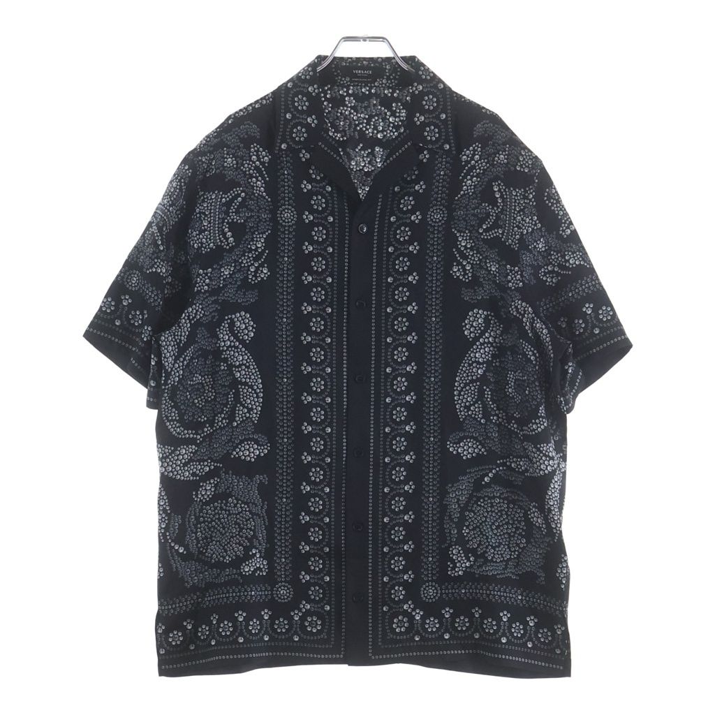 VERSACE (ヴェルサーチ) Repeat Baroque Silk Shirt リピート バロック シルク半袖シャツ ブラック 1003926 1A06140