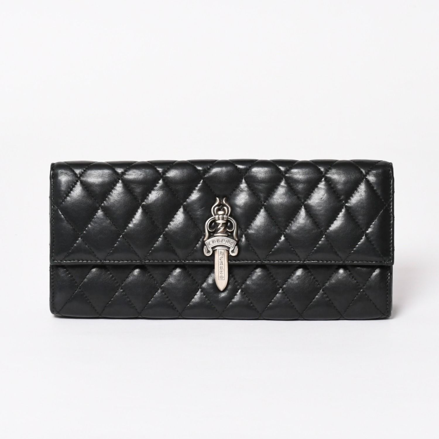 極美品 CHROME HEARTS クロムハーツ ディナーバッグ クラッチバッグ ラージダガー マトラッセ ラムスキン ブラック 中古 4a004093