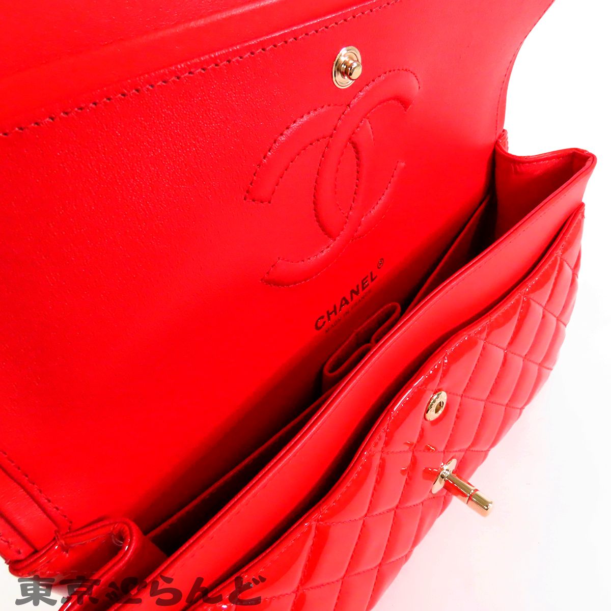 シャネル CHANEL クラシック ハンドバッグ レッド GP具 パテントレザー