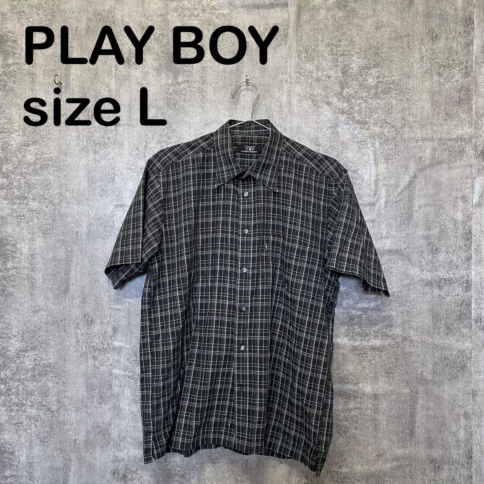 T-1560】PLAYBOY プレイボーイ Lサイズ チェック 半袖 シャツ ブラック 