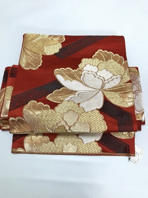 【中古】作り帯 正絹 赤地に牡丹文様