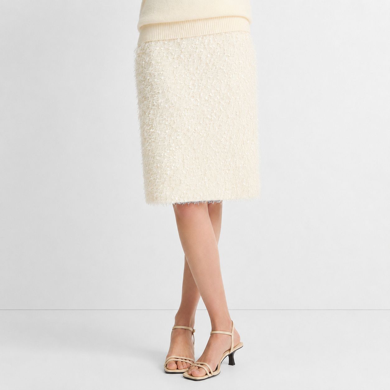 新品☆VINCE. ビンス ヴィンス☆Feathery-Fringe Knee Skirt フェザーフリンジ膝丈ミディスカート オフホワイト 2 ウエストゴム イージー