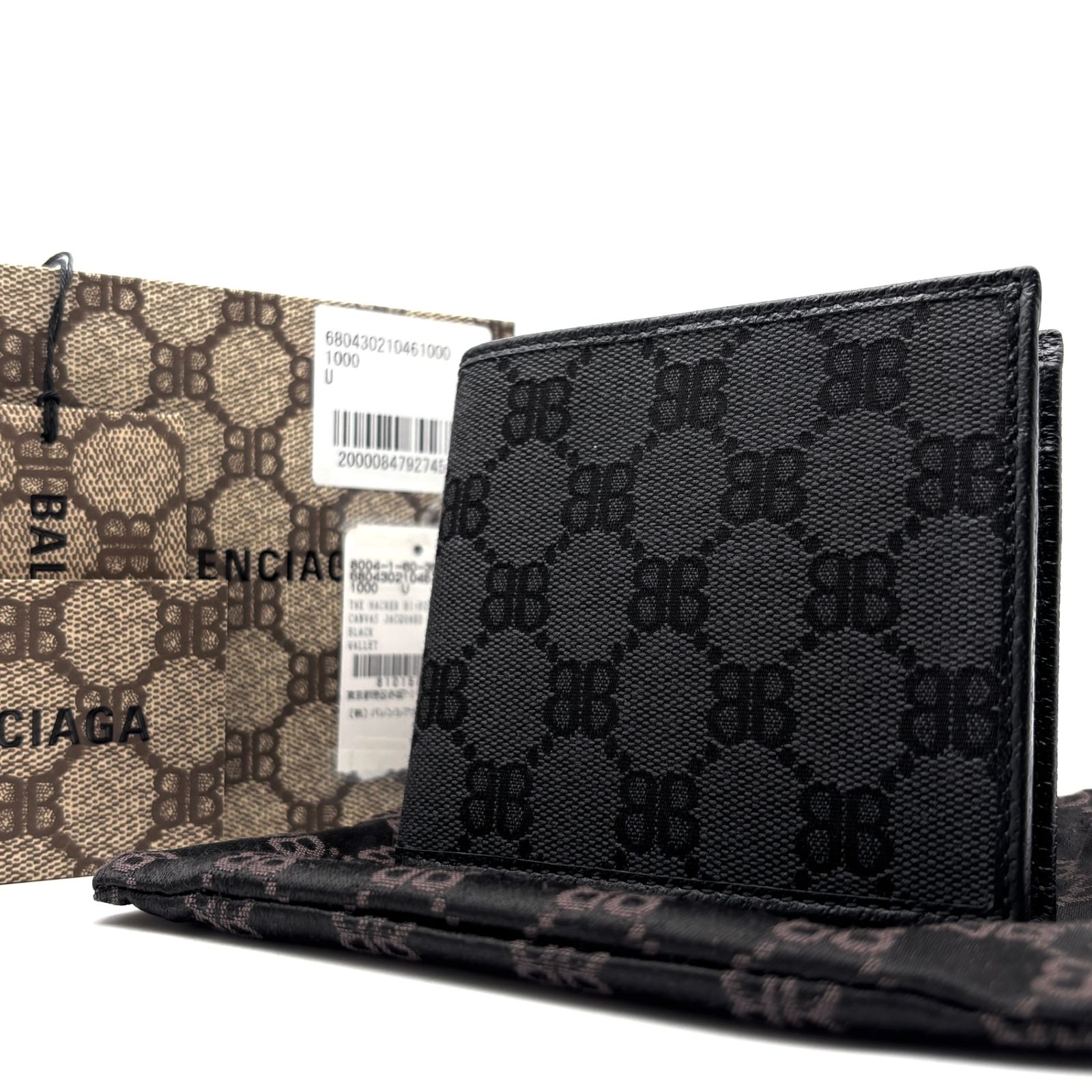 未使用保管品 グッチ GUCCI バレンシアガ BALENCIAGA コラボ ザ ハッカー 二つ折り財布 コンパクトウォレット キャンバス レザー ブラック 黒 箱付 夏休み お盆 帰省 ボーナス 敬老の日 ご褒美