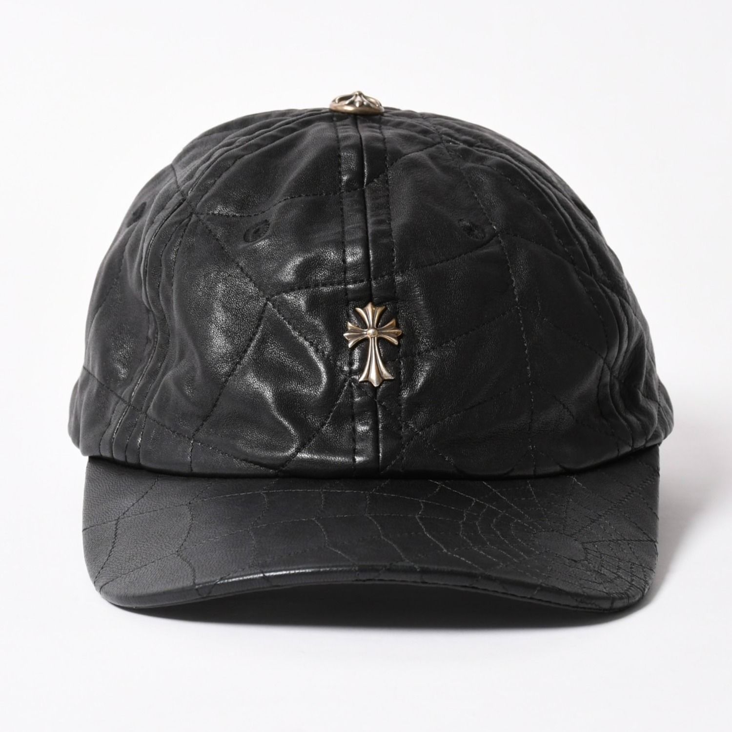 新品未使用 CHROME HEARTS クロムハーツ CHクロス スパイダーウェブ レザーキャップ 帽子 シープスキン レザー シルバー925 ブラック 中古 4a004021