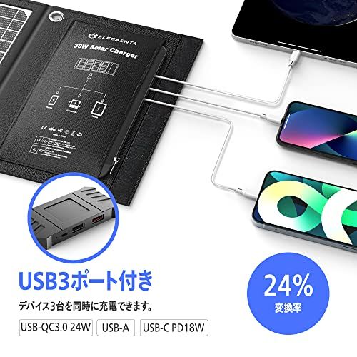 ELECAENTA 30Ｗ ソーラーパネル 3USBポート PD18Ｗ/QC3.0急速充電 逆流防止 薄型超軽量 ETFE材質 折りたたみ式 ソーラー充電器 スマホ充電器 防水 防災/アウトドア iPhone/Android対応(LSFC-3 811aa508