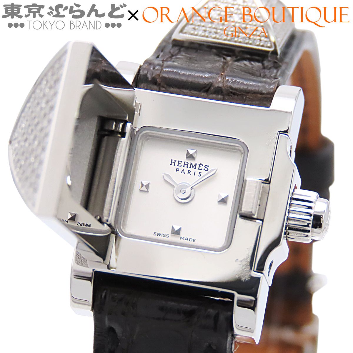 エルメス HERMES ミニ メドール ME2.130 T刻印 ホワイトxブラック SS アリゲーターレザー パヴェダイヤモンド 箱付き 腕時計 レディース 電池式 2015年 101848473