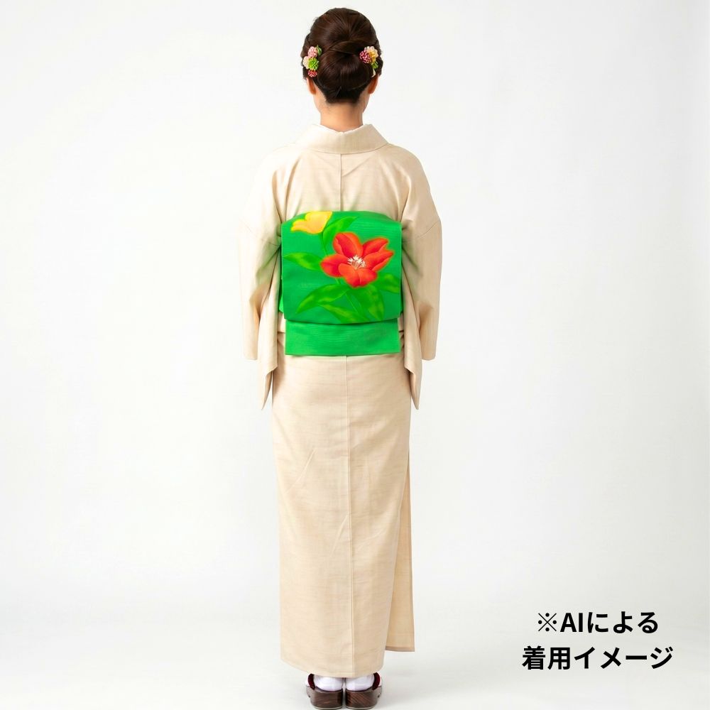リユース【未使用品】夏帯 名古屋帯 絽 正絹 鮮やかグリーン 大輪の花