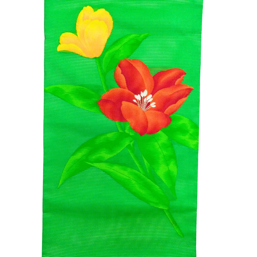 リユース【未使用品】夏帯 名古屋帯 絽 正絹 鮮やかグリーン 大輪の花