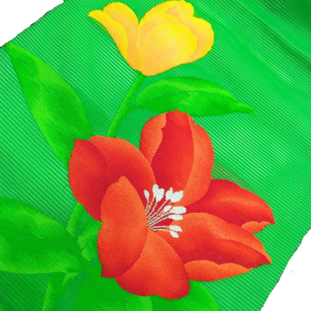 リユース【未使用品】夏帯 名古屋帯 絽 正絹 鮮やかグリーン 大輪の花