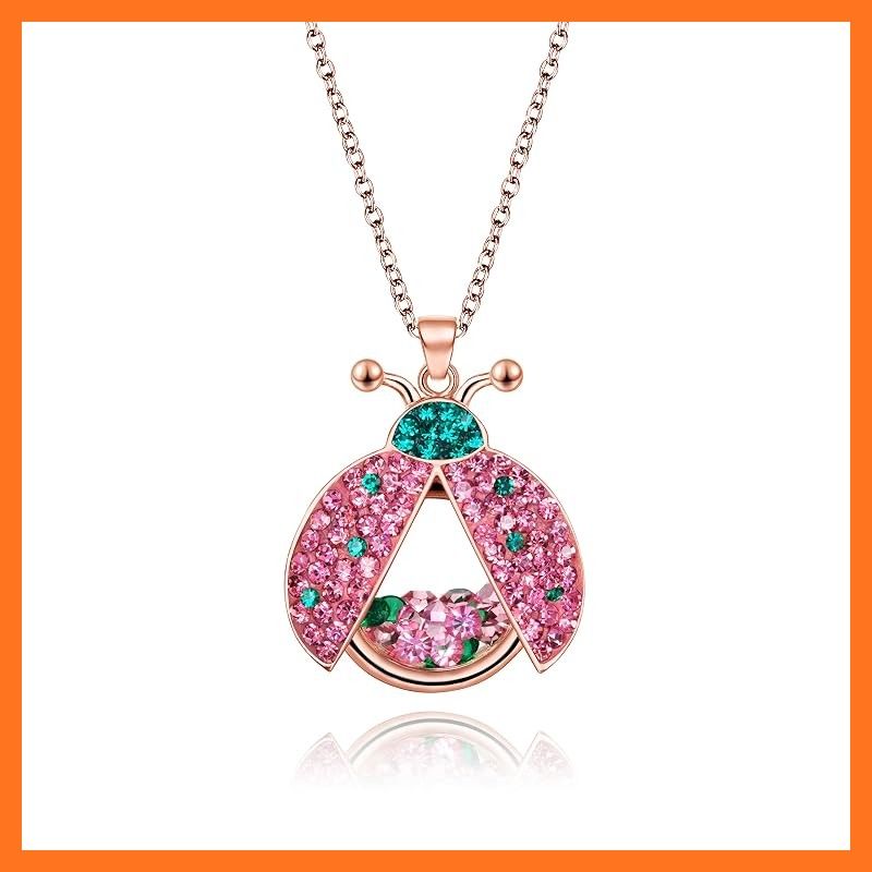 【新品】 superchic Jewelry キュートなピンクとグリーンのてんとう虫 ロケットペンダントネックレス オーストリア産クリスタルとフローティングカラフルキュービックジルコニア(ローズゴールド)