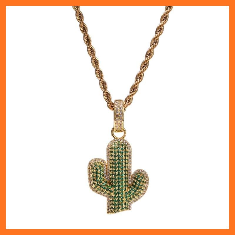 【新品】 [Rockyu] メンズ ネックレス ゴールド AAAジルコニア 植物 サボテンペンダン 仕上げ カッコいいネックレス ステンレスチェーン24インチ ロック 欧米風 (ゴールド)