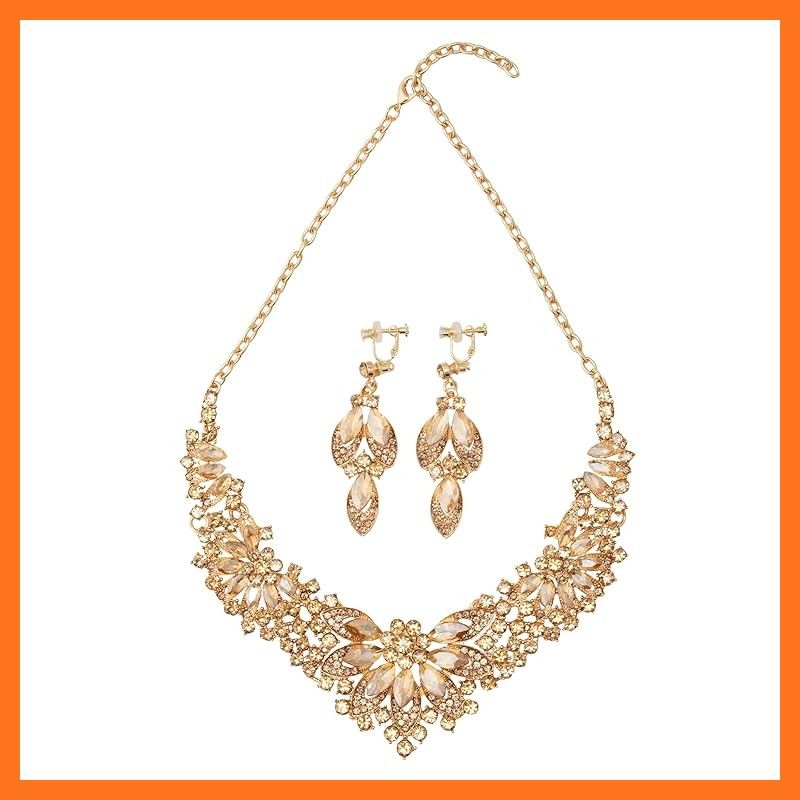 【新品】 [ＫＫ　Ｓｏｌｉｓ] フラワーモチーフ ゴージャスネックレス＆イヤリング大ぶり 豪華 高見えビジューアクセサリー 結婚式 二次会 パーティー 演奏会 発表会 舞台映え ドレスアップ (スモーキーゴールド・イヤリングセット)