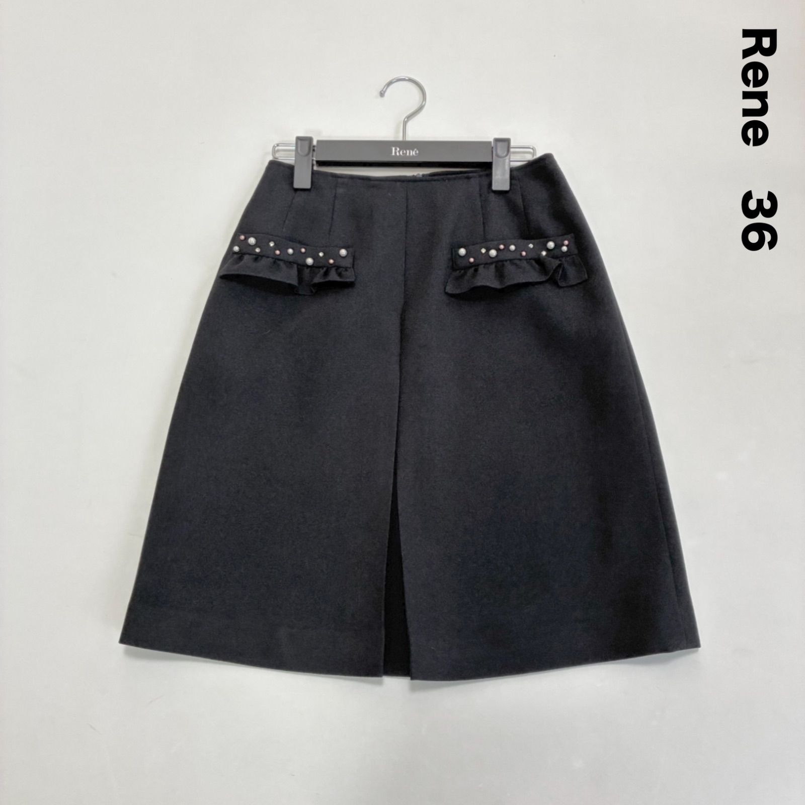 Rene ルネ☆パール×フリルポケット 上品 ウールスカート ネイビー ボックスプリーツ 36