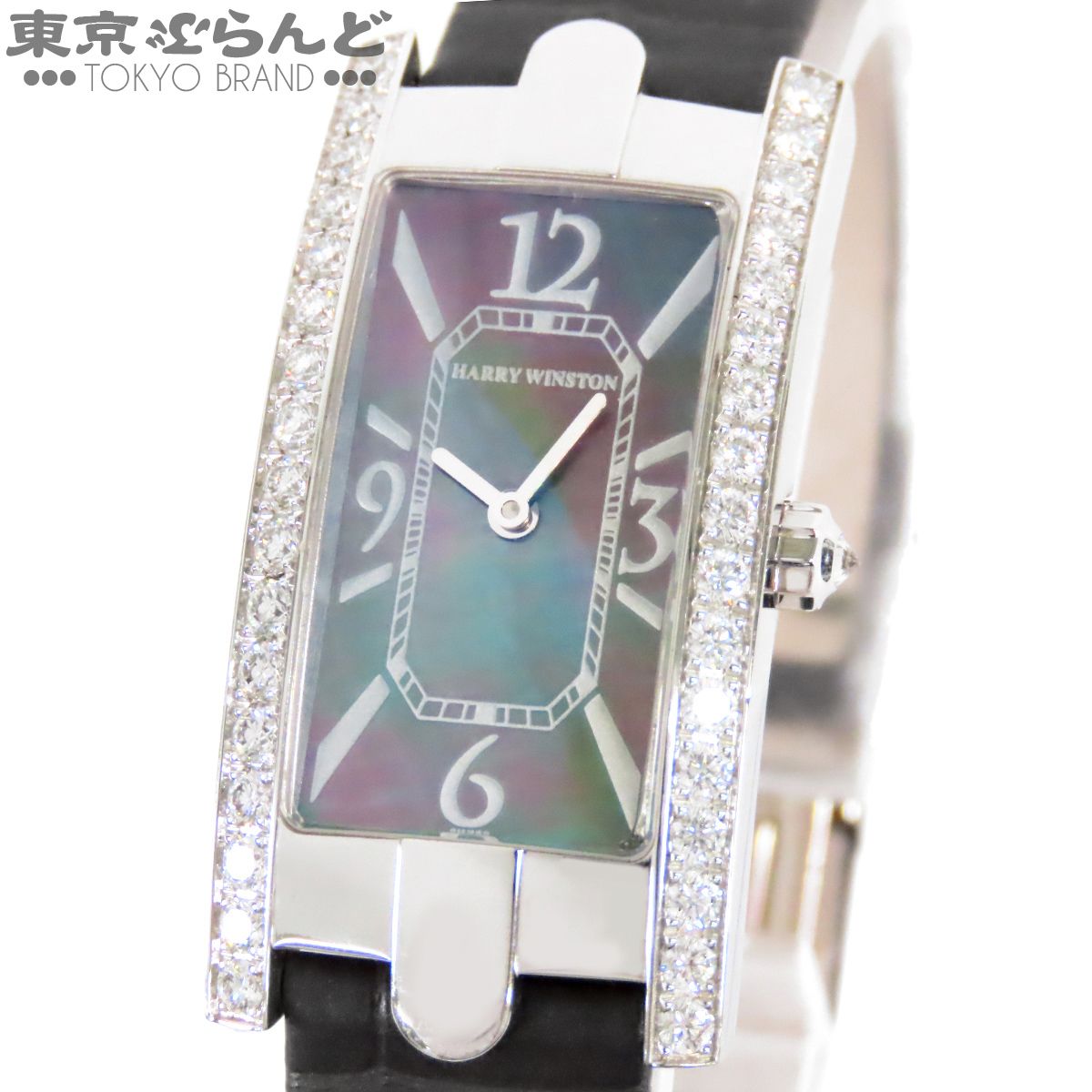 ハリーウィンストン HARRY WINSTON HWアヴェニューC ダイヤモンドベゼル 330LQW ブラックシェル K18WG レザー 腕時計 レディース クォーツ 101849452