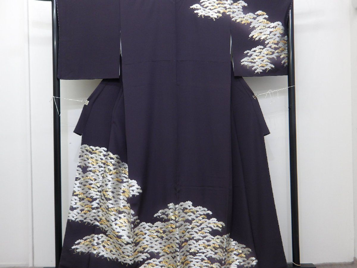P43144　総手刺繍　墨紫　重厚な　訪問着　袷　t