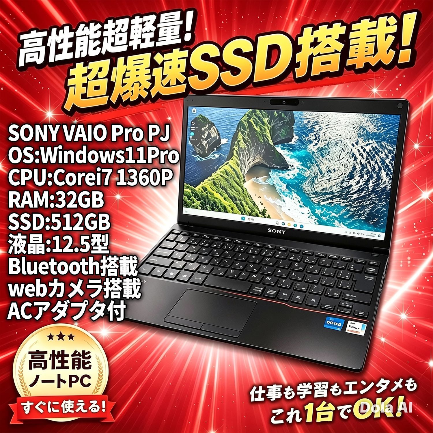 高性能！超軽量！爆速！【SONY VAIO Pro PJ】 Core i7 1360P / メモリ32GB / SSD512GB｜Windows11Pro｜ノートパソコン 即日発送！