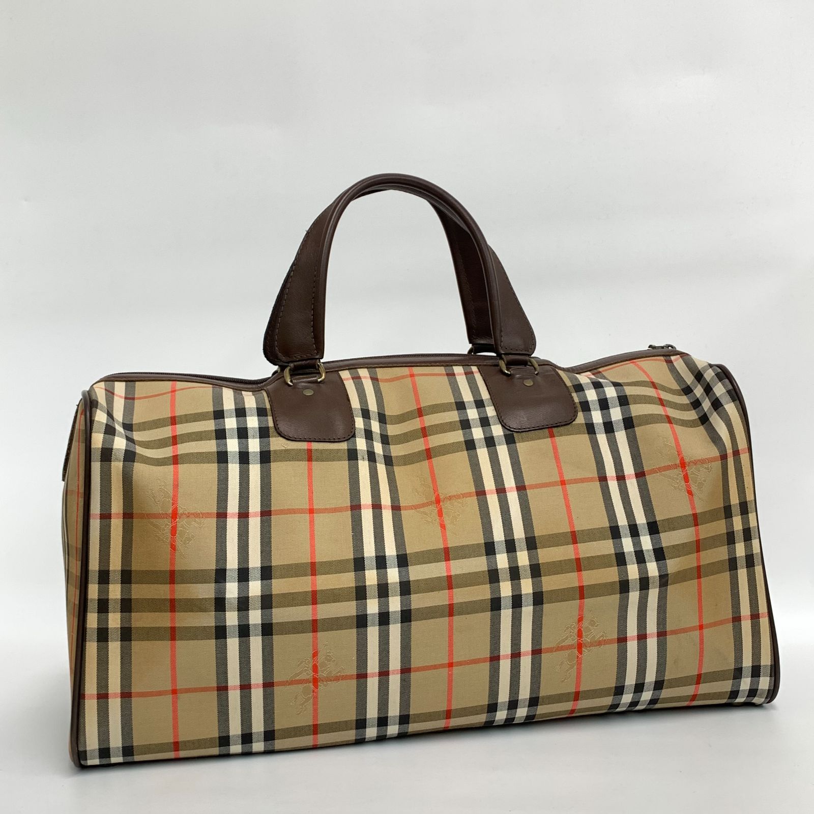 【定番】Burberry バーバリー ボストンバッグ ハンドバッグ 旅行カバン ノバチェック シャドーホース キャンバス レザー 訳あり