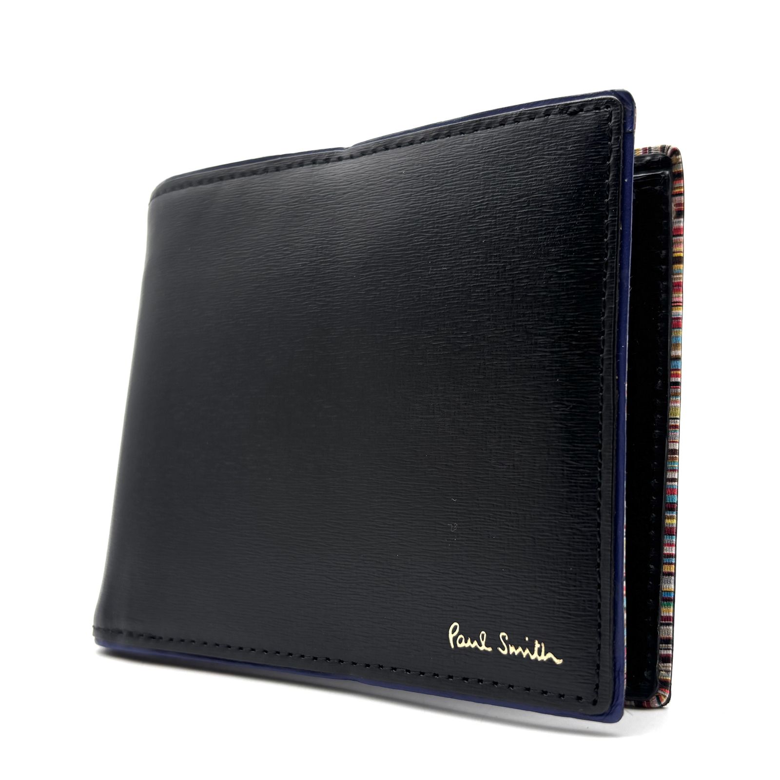美品 ポールスミス Paul Smith 二つ折り財布 コンパクトウォレット マルチストライプ ブラック 黒 レザー 本革 ゴールドロゴ ミニ財布 ボーナス 夏休み 帰省 サマーギフト 敬老の日 ご褒美