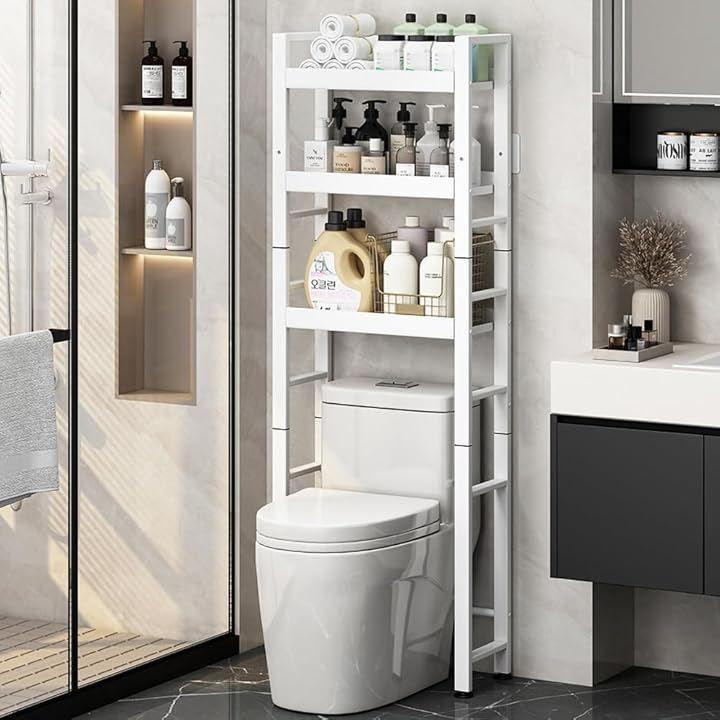 QD-WST トイレ収納 トイレラック 洗面所収納 便器上ラック 3段 高さ調整可能 大容量 落下防止 足パッド 浴室 バスルーム お手洗い (ホワイト, 三段（幅52cmx奥行き22cmx高さ162)