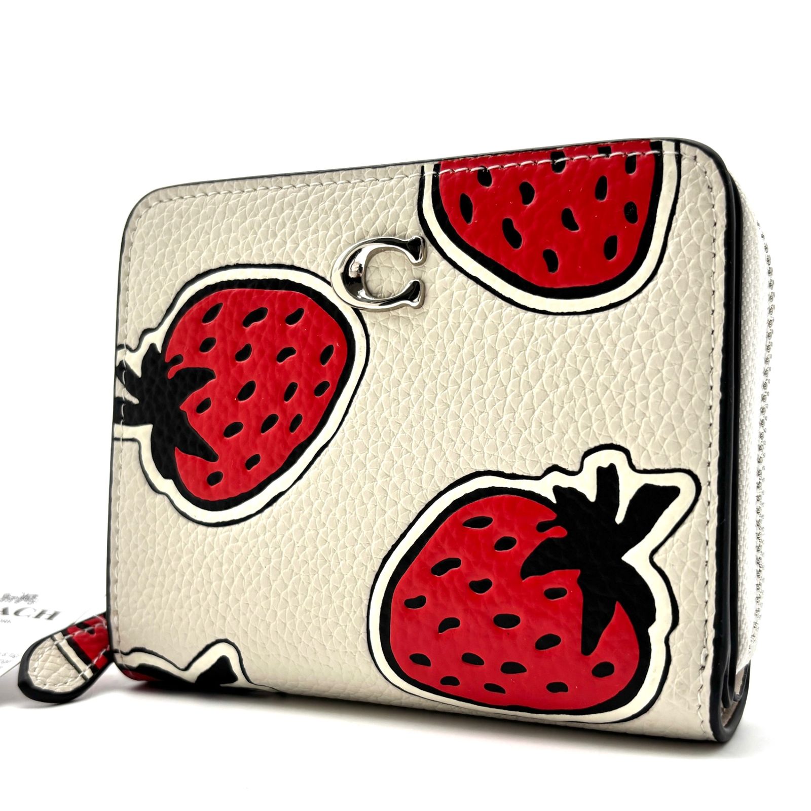 未使用保管品 コーチ COACH ビルフォールド ウォレット 二つ折り財布 コンパクト ストロベリー プリント いちご イチゴ柄 レザー 本革 ラウンドファスナー ボーナス 夏休み 帰省 サマーギフト 敬老の日 ご褒美