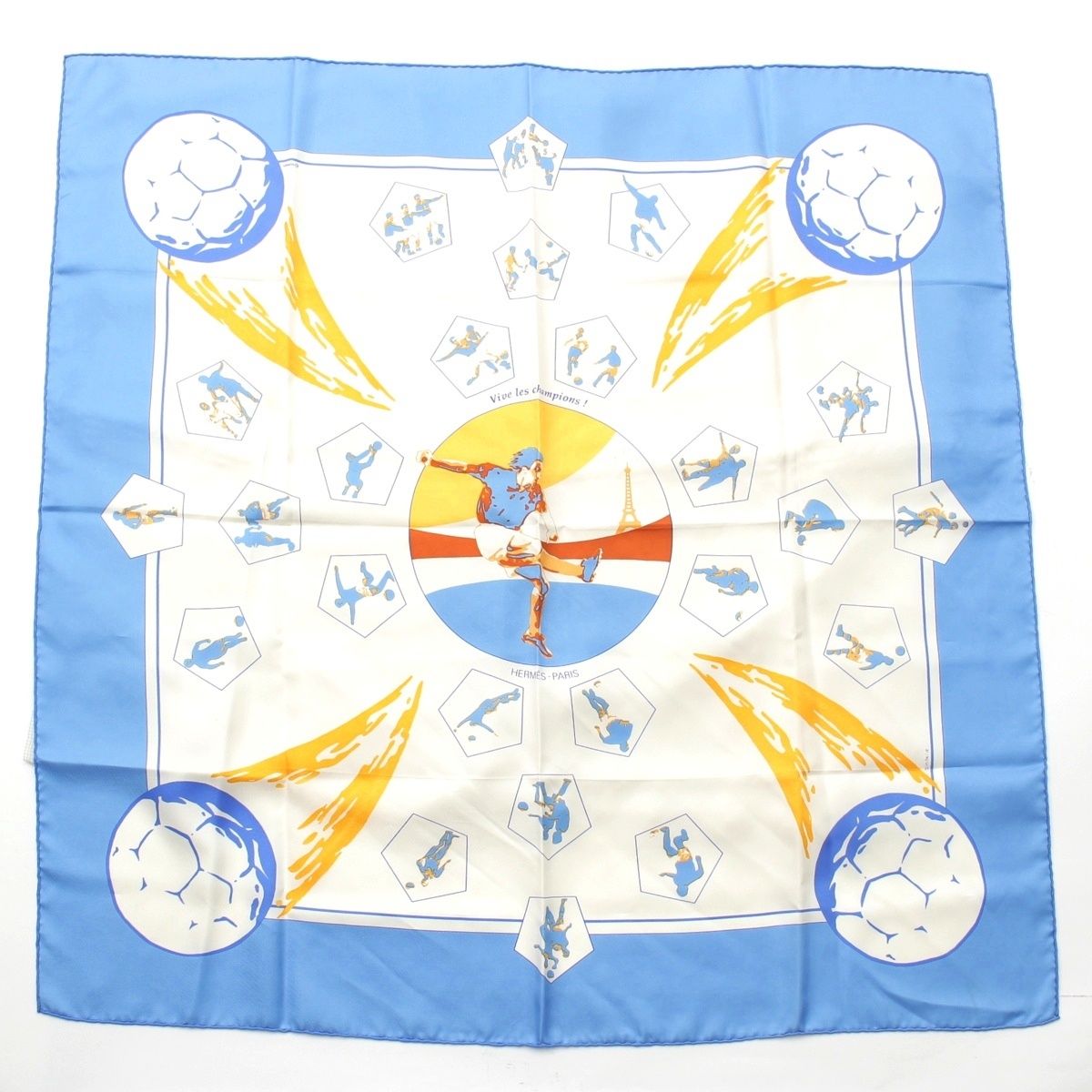 エルメス カレ90 Vive les champions! ビバ・チャンピオン シルク スカーフ ホワイト ブルー【中古】