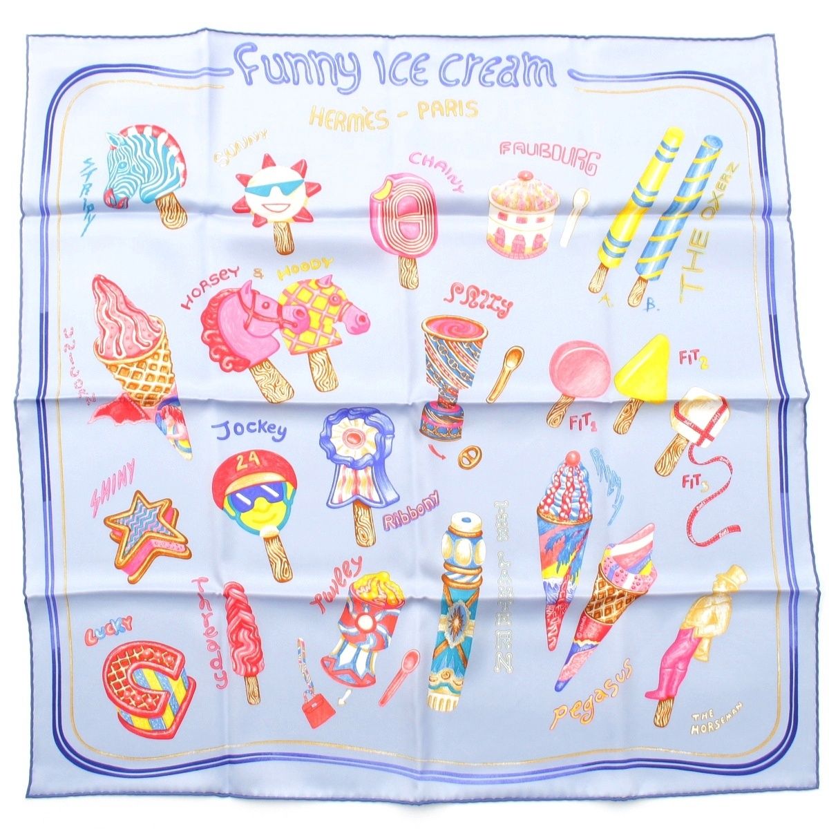 エルメス カレ70 funny ice cream ファニーアイスクリーム シルク スカーフ ブルー【中古】