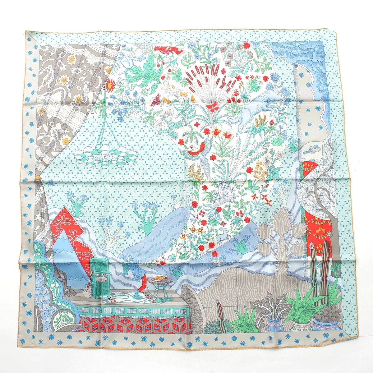 エルメス カレ90 シルク Le Premier Chant 始まりの歌 スカーフ ブルー マルチカラー【中古】