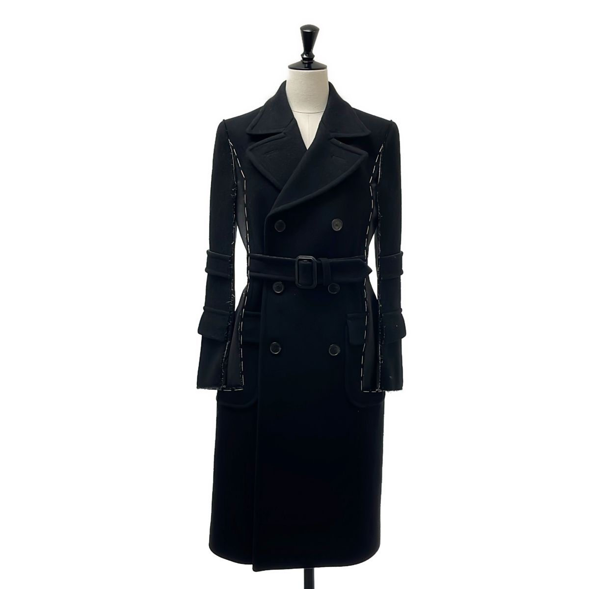Maison Margiela / メゾンマルジェラ | 2019AW | ウール ステッチデザイン ベルテッドロングコート | 38 | ブラック | レディース
