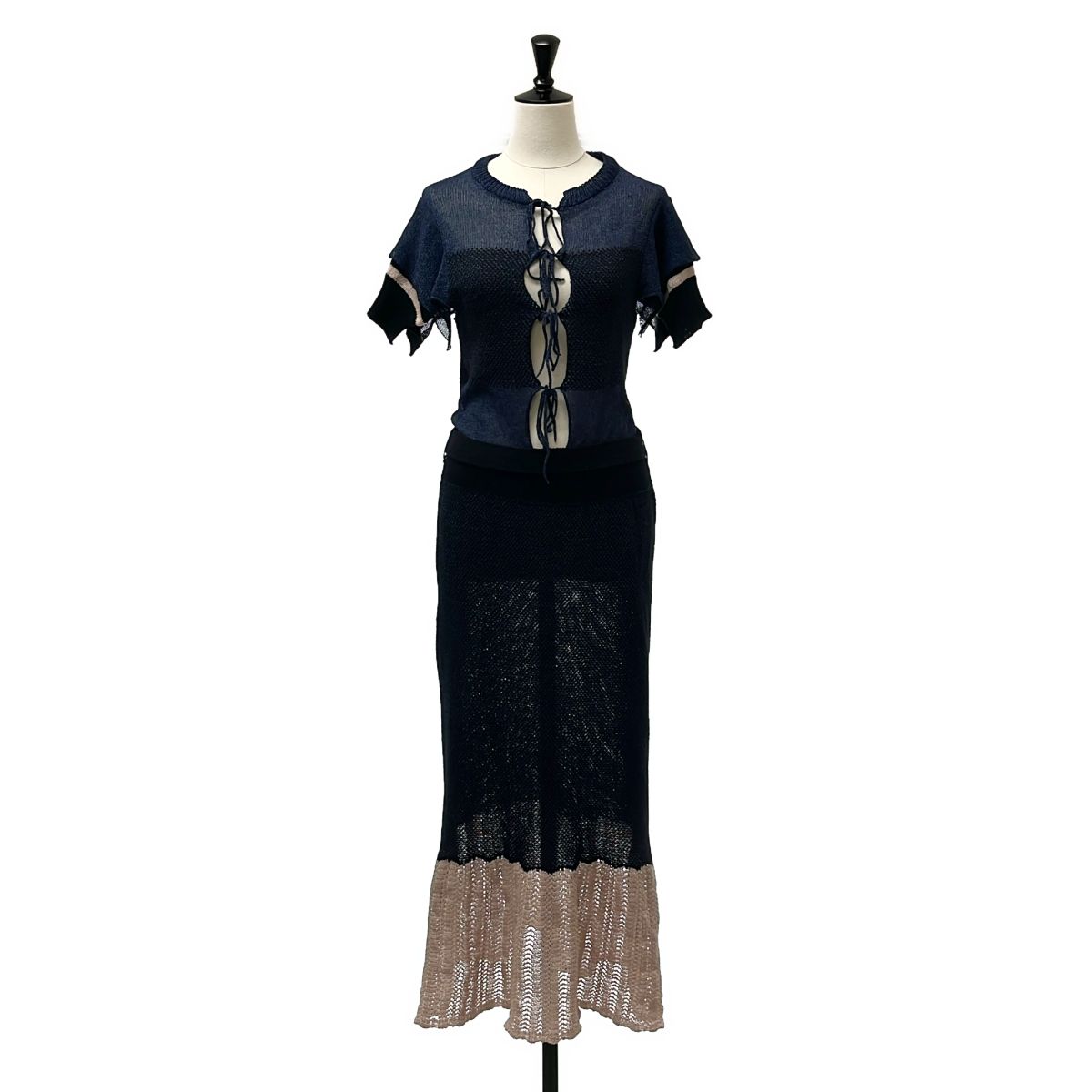 【美品】 YUKI SHIMANE / ユキシマネ | Lala Hand knit dress / ベルテッド リボン ニット ワンピース | ネイビー/ピンク | レディース