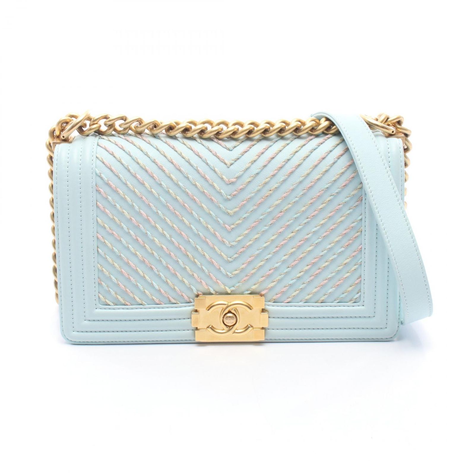 シャネル CHANEL ショルダーバッグ ボーイシャネル A67086 ライトブルー レザー ボーイシャネル Vステッチ チェーンショルダー レディース Used B
