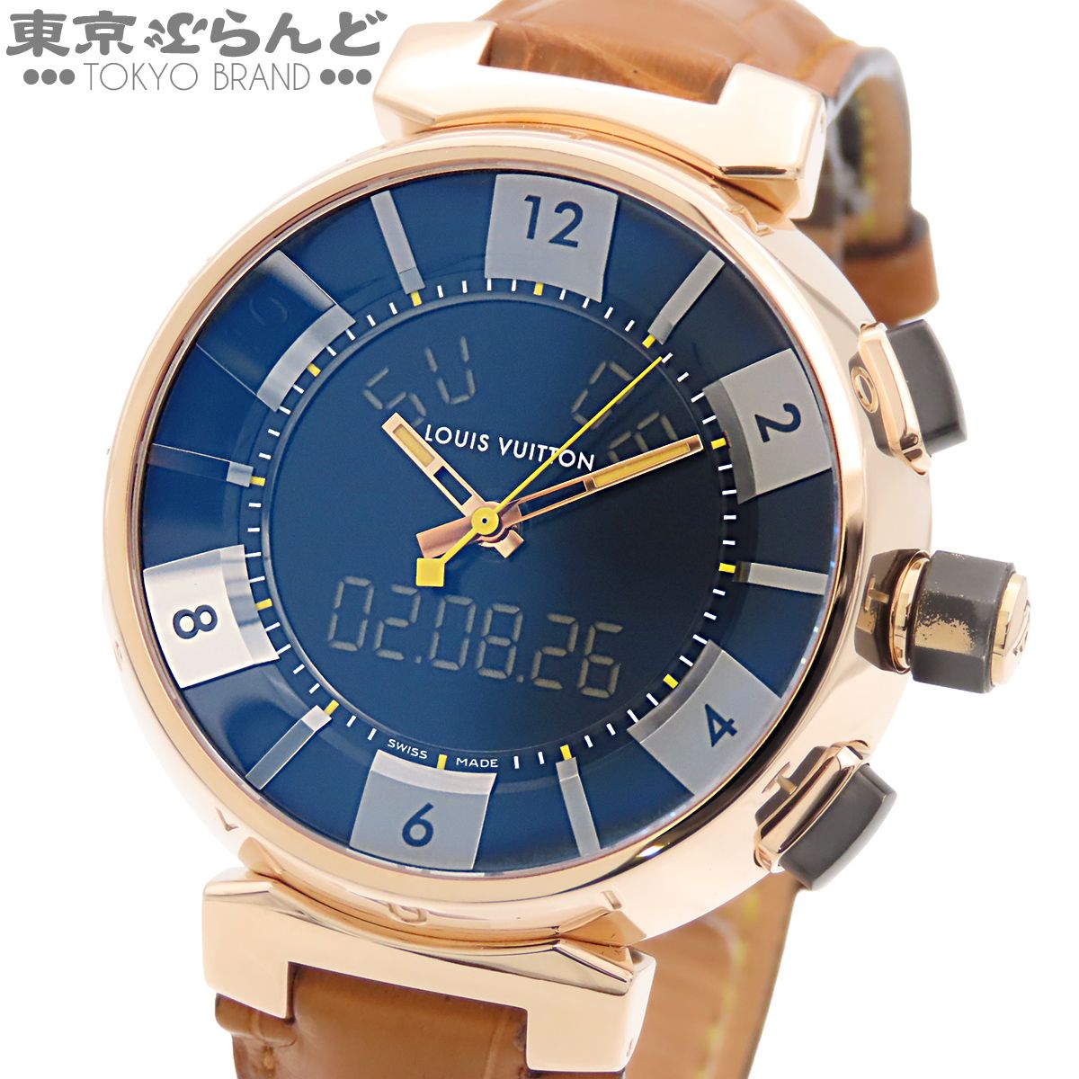 ルイヴィトン LOUIS VUITTON タンブール イン ブラック Q1185 ブラック K18PG アリゲーター 金無垢 デジアナ 腕時計 メンズ 電池式 101850107