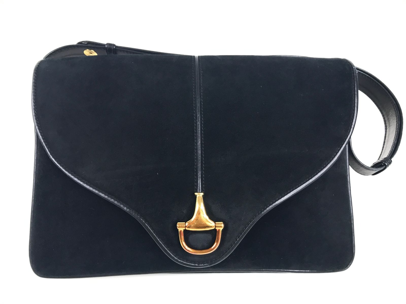 グッチ　GUCCI　ヴィンテージ　オールドグッチ　ホースビット　スエード　ショルダーバッグ　クラッチバッグ　ブラック×ゴールドカラー金具　送料無料