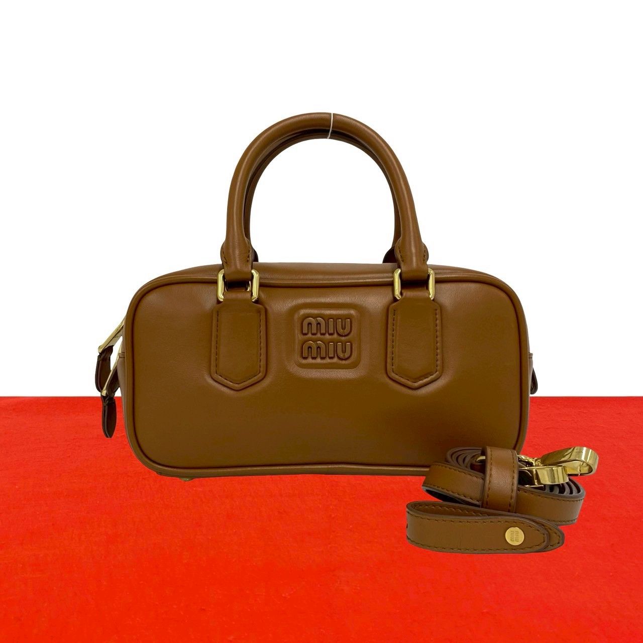 ほぼ未使用 MIUMIU ミュウミュウ アルカディ ロゴ レザー 本革 2way ハンドバッグ ショルダーバッグ コニャックブラウン 茶 62496