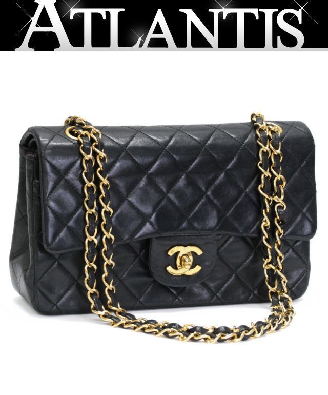 シャネル CHANEL マトラッセ23 ダブルフラップチェーンショルダーバッグ ラム 黒 G金具 1番台 【74958】