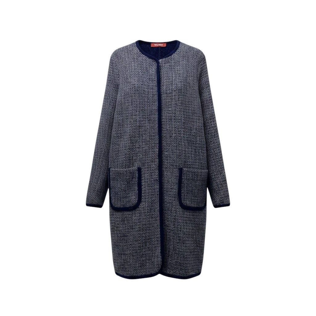 82f16 Max Mara STUDIO マックスマーラ ストゥディオ ノーカラー ウールニットコート 千鳥格子 サイズ40 ネイビー グレー レディース 女性用u02t