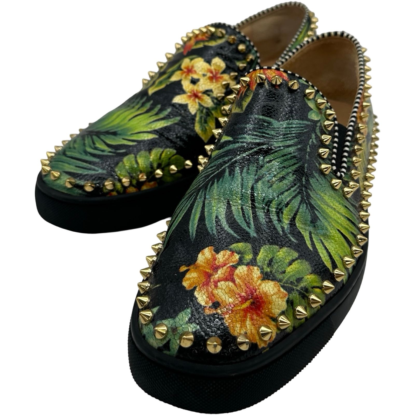 クリスチャン・ルブタン Christian louboutin ボタニカル柄スタッズスリッポン 1160992 ブラック ラバー/エナメルレザー メンズ スリッポン