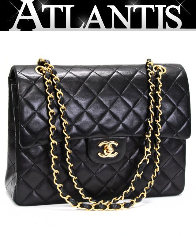 シャネル CHANEL マトラッセ25 ダブルフラップ チェーンショルダーバッグ 縦長 ラム 黒 G金具 0番台 【74962】