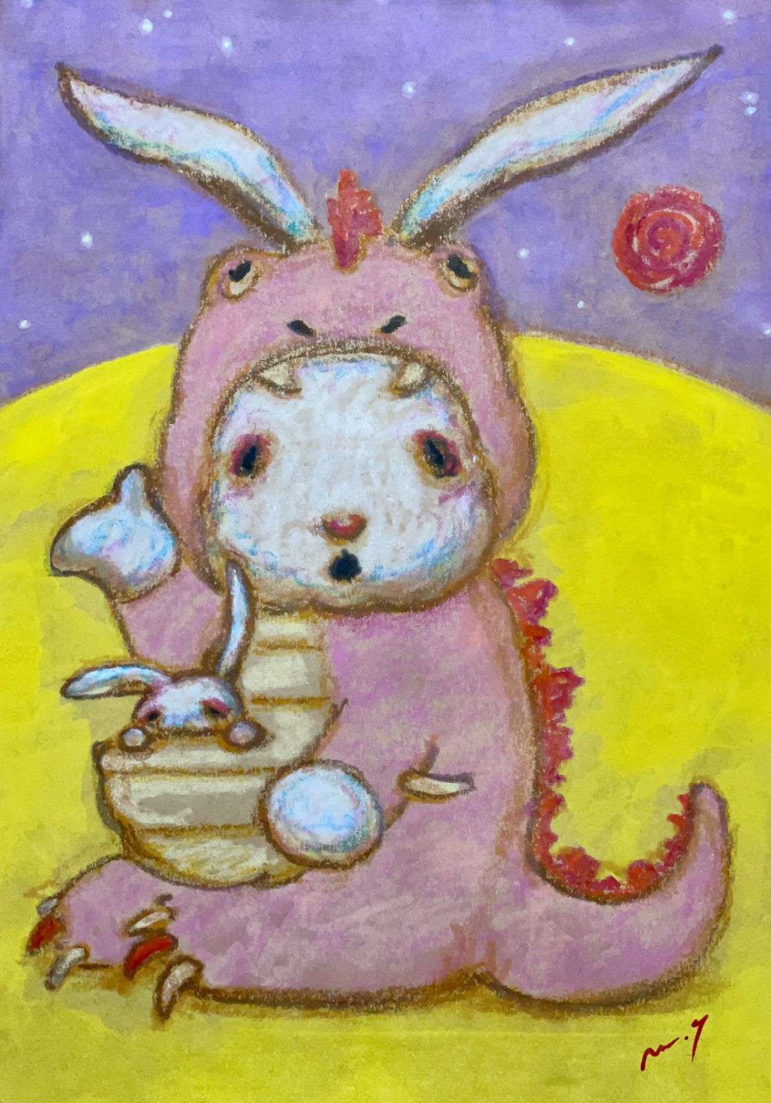 高野マナブ 原画｜[かいじゅう親子ピンク] Drawing A4 アクリル 一点物 高野学 Manabu Takano 髙野學 Moon Sun Rabbit 月と太陽とウサギ Louvre Uffizi Japan 台湾 現代美術家