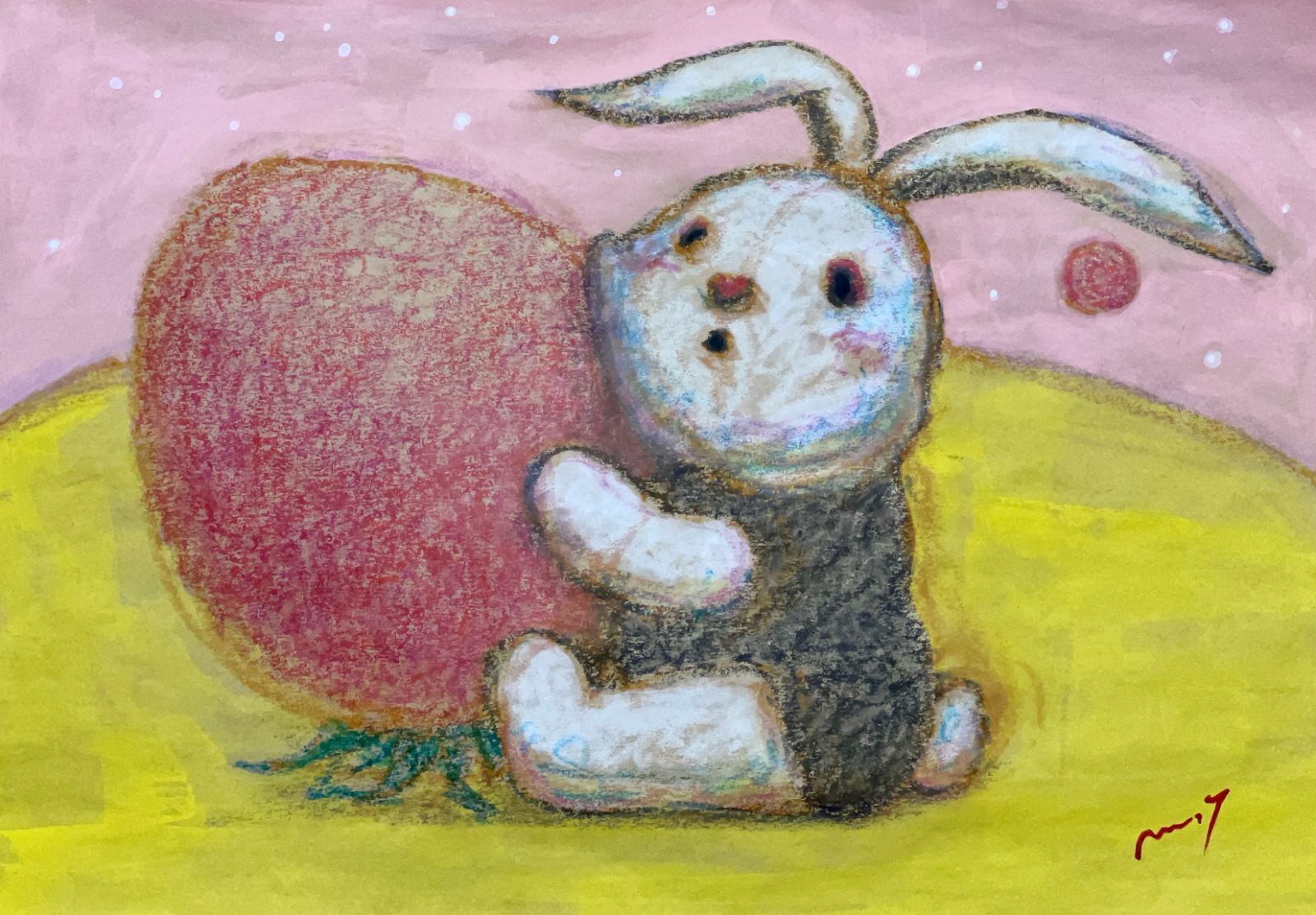 高野マナブ 原画｜[イチゴだっこ] Drawing A4 アクリル 一点物 高野学 Manabu Takano 髙野學 Moon Sun Rabbit 月と太陽とウサギ Louvre Uffizi Japan 台湾 現代美術家