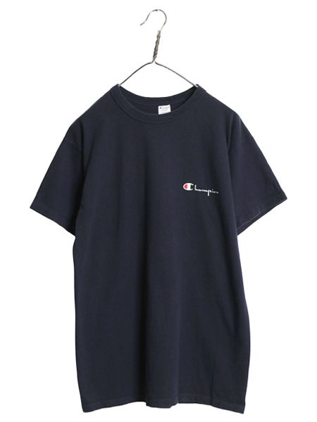 80s USA製 チャンピオン スクリプト ロゴ プリント 半袖 Tシャツ メンズ L ヴィンテージ 100% コットン シングルステッチ ワンポイント 紺