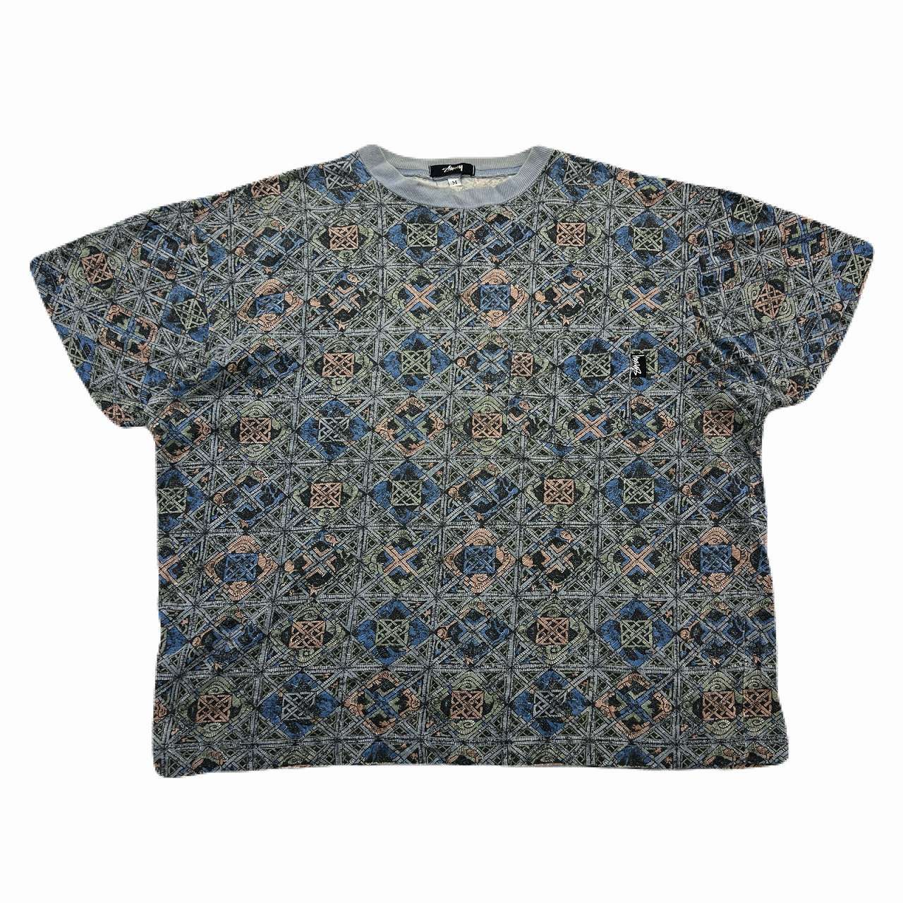 ステューシー Tシャツ 半袖 メンズ M グレー系 総柄 クルーネック アメリカ製 80s ～ 90s ヴィンテージ 黒タグ OLD オールド コットン100％ レア