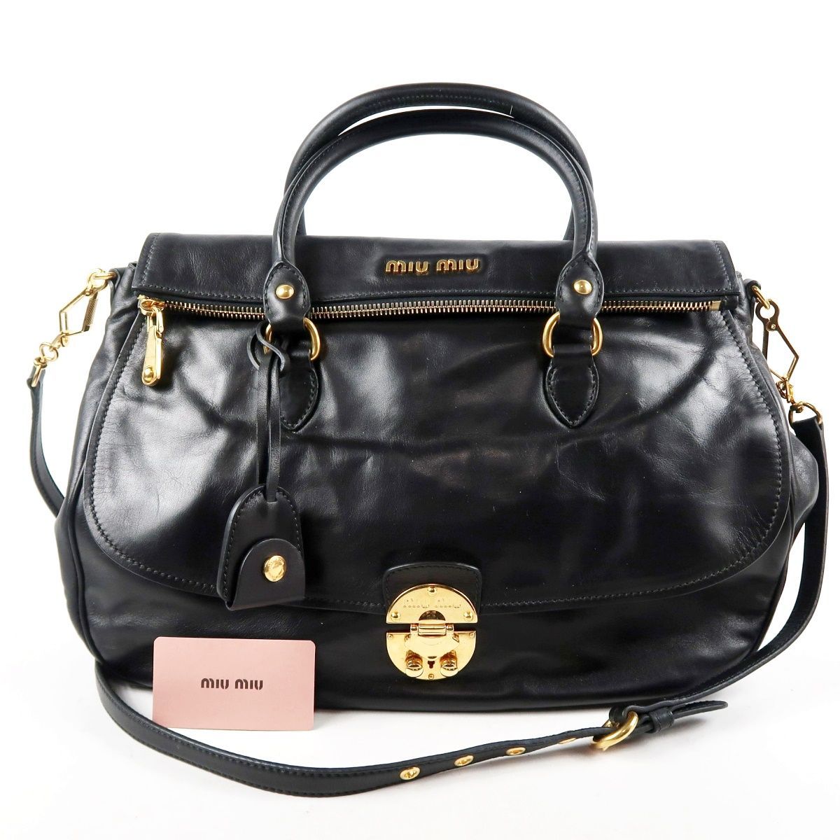 【超美品】miu miu ミュウミュウ 2WAYショルダー ハンドバッグ ブラック×ゴールド金具 レディース 鞄【UU71】