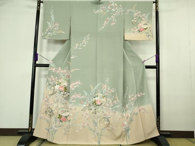 平和屋着物●極上　訪問着　友禅　作家物　枝花文　柳鼠色地　暈し染め　逸品　DZAB7173kh6