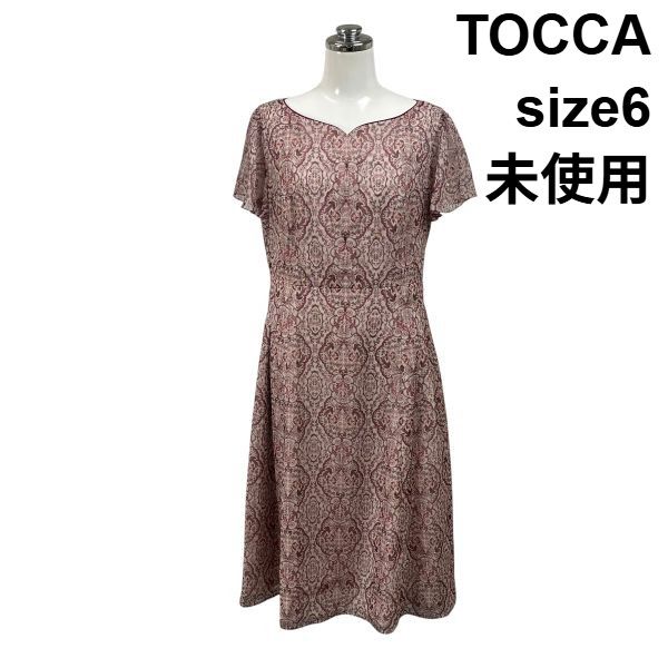 ◇ 未使用 トッカ TOCCA ワンピース ミモレ丈 半袖 ハートシェイプ調ネック ジャイプール柄 ラメ 消臭機能 6 M 9号 レディース S6F393