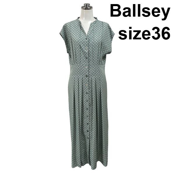 □ ボールジィ Ballsey フレアワンピース マキシ丈 半袖 Vネック フレンチスリーブ スキッパー風 モノグラム柄 36 M 9号 レディース S6F402